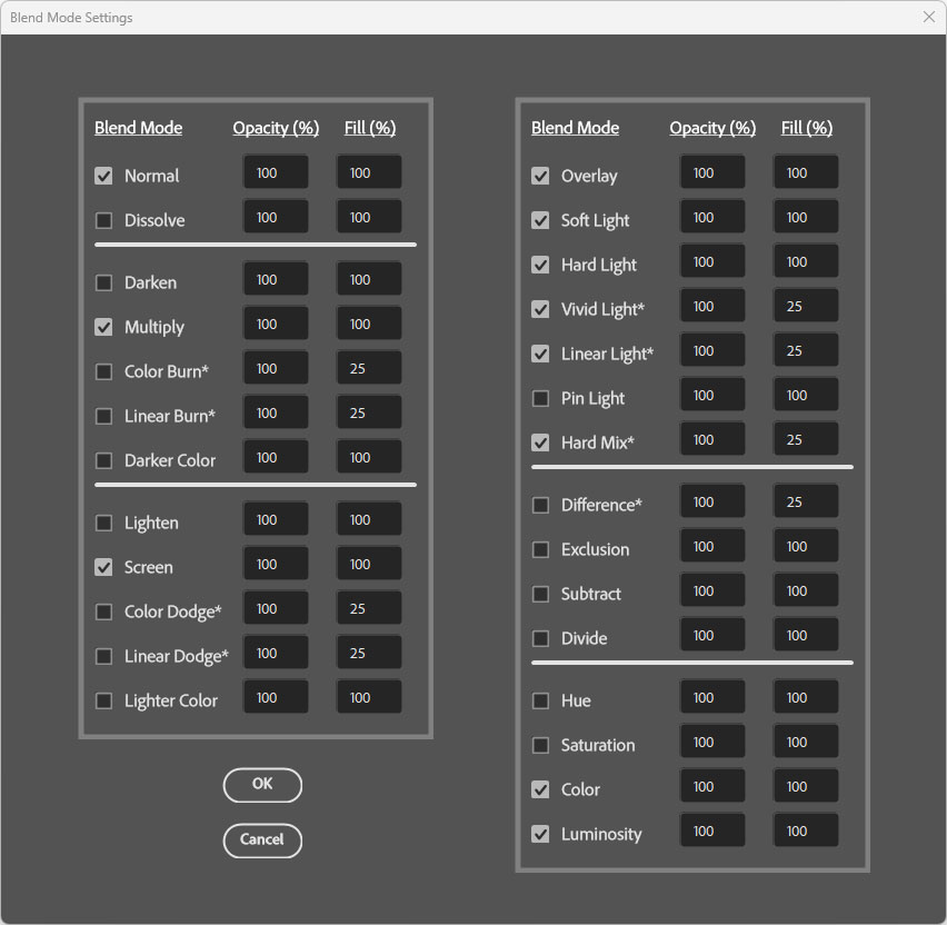 Edit bend modes dialog